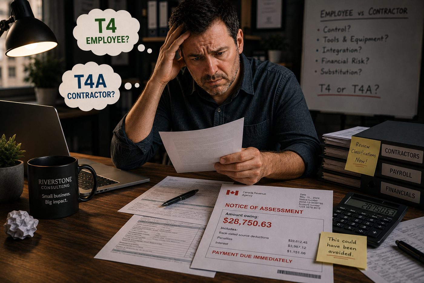BC employer comparing T4 and T4A slips on a desk with payroll documents and CRA classification factors written on a notepad.